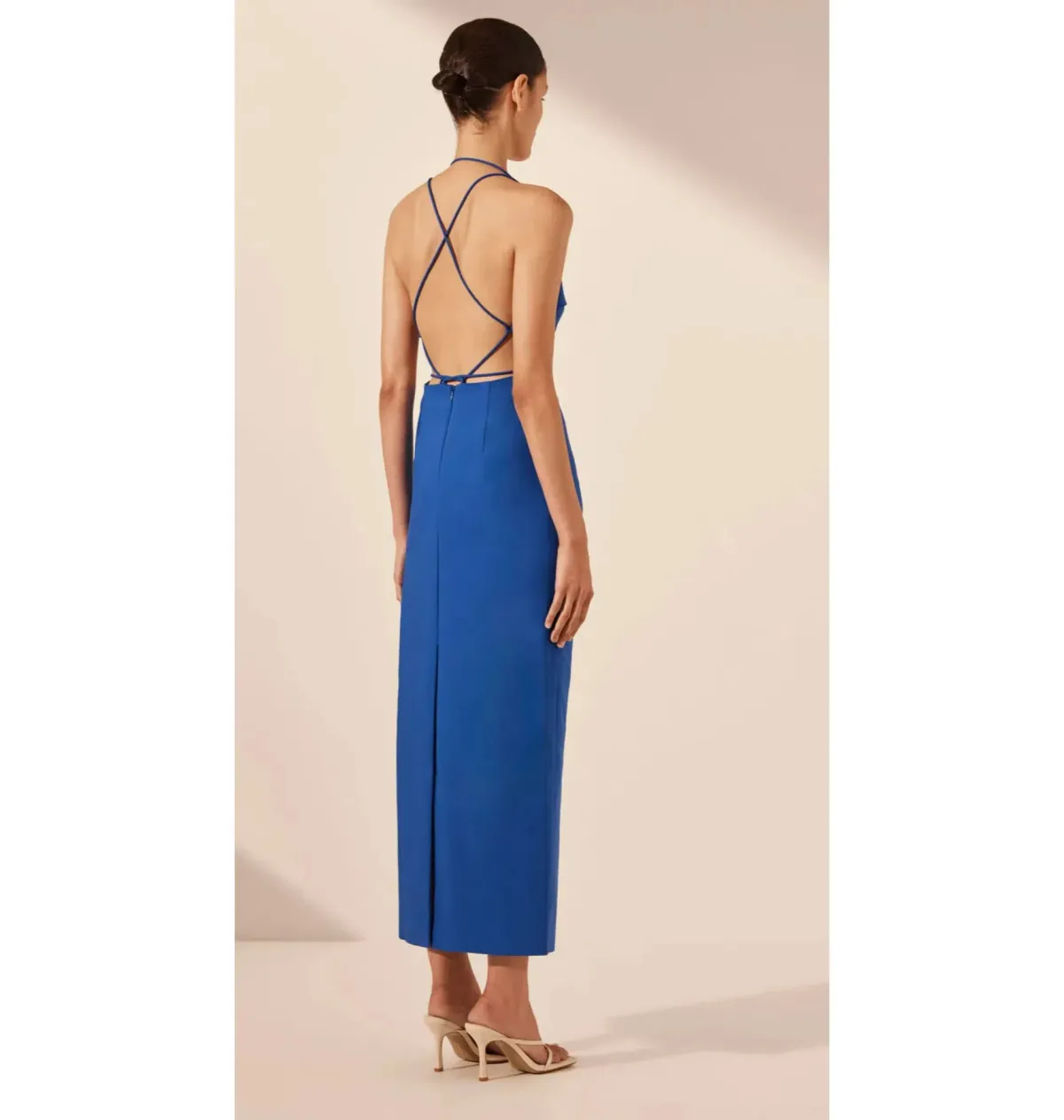 Shona Joy Lani Draped Cross Back Midi Dress Azure Blue Size AU 14 - Image 3