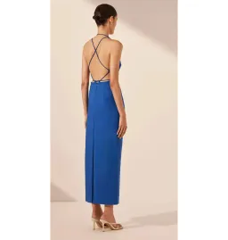 Shona Joy Lani Draped Cross Back Midi Dress Azure Blue Size AU 14 for rent on The Volte - image 3
