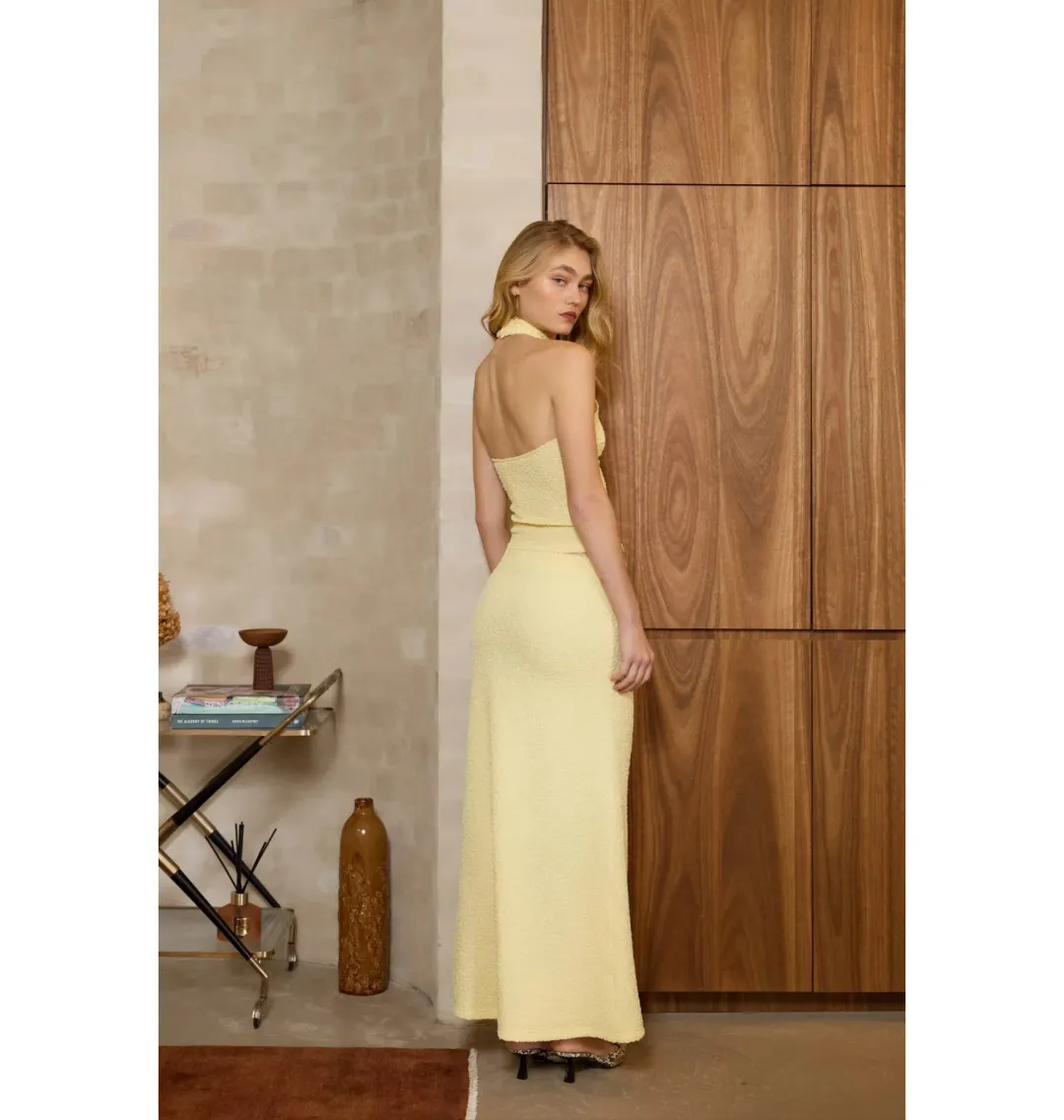 With Harper Lu Textured Halter Top and Maxi Skirt in Limoncello Set Size XS / AU 6 for rent on The Volte - main image