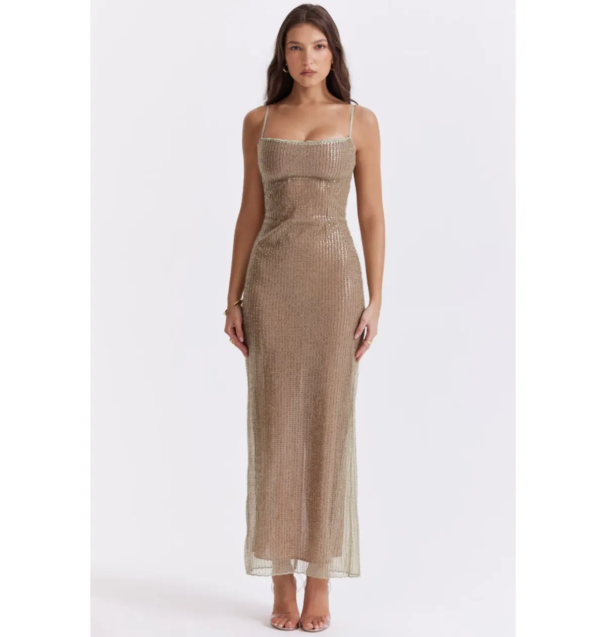 House of CB Alondra Beaded Maxi Dress Cafe Au Lait Size AU 6 - Image 1