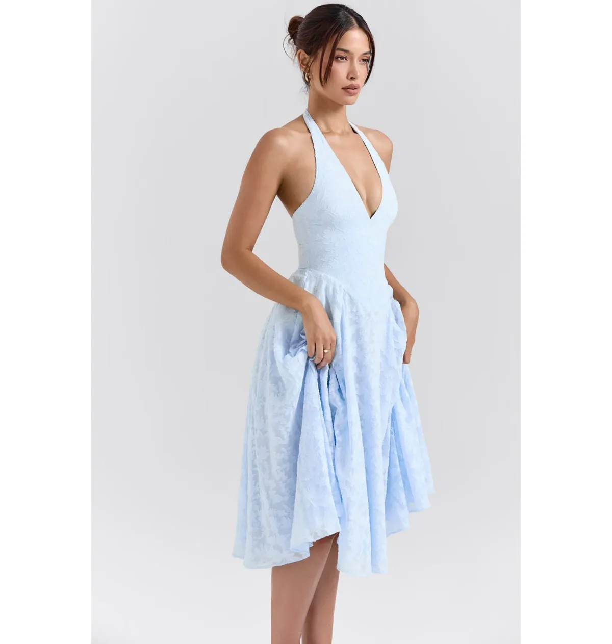 House of CB Arietta Jacquard Halter Midi Dress Bluebell Floral Size AU 6 - Image 2