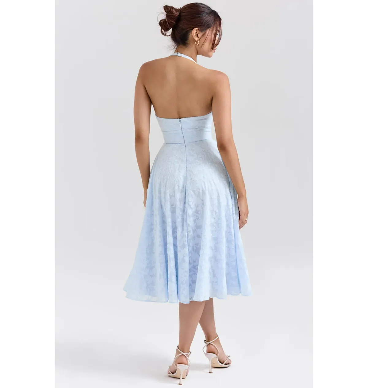 House of CB Arietta Jacquard Halter Midi Dress Bluebell Floral Size AU 6 - Image 4
