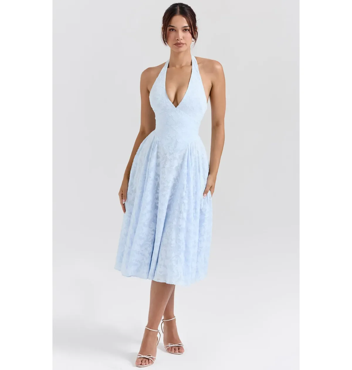 House of CB Arietta Jacquard Halter Midi Dress Bluebell Floral Size AU 6 - Image 1