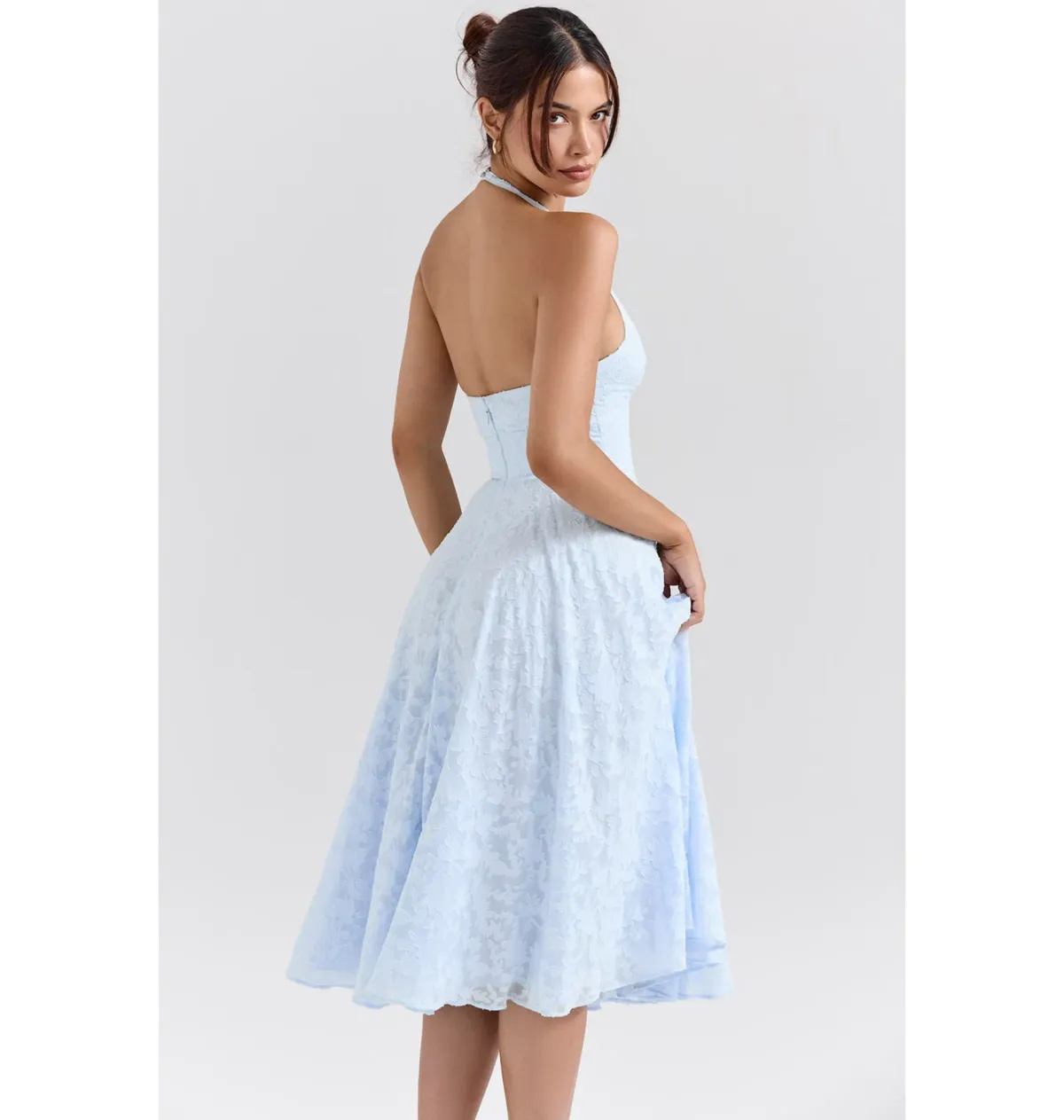 House of CB Arietta Jacquard Halter Midi Dress Bluebell Floral Size AU 6 - Image 3