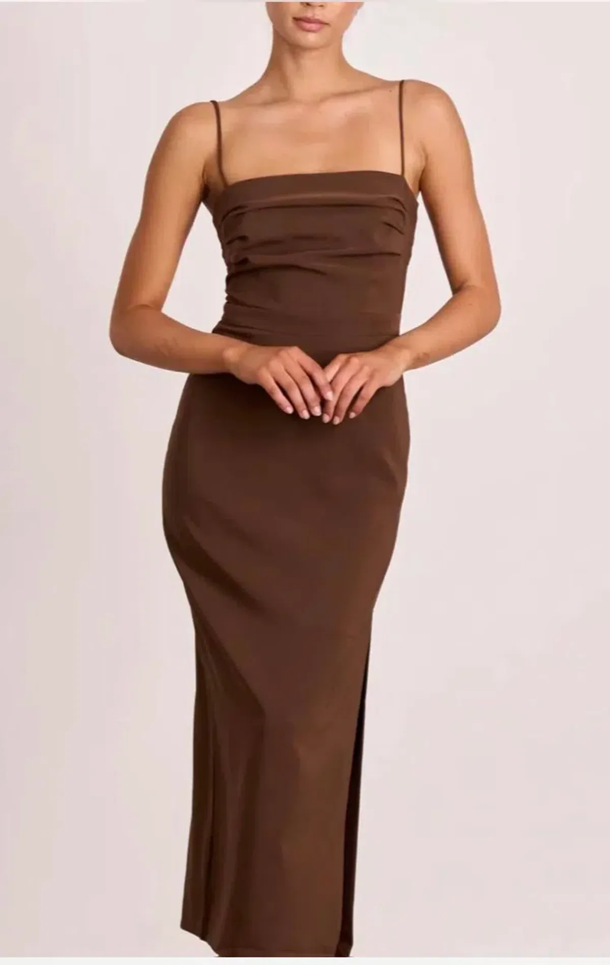 Pasduchas Emerson Column Midi Dress in chocolate brown size 10 for rent on The Volte - main image