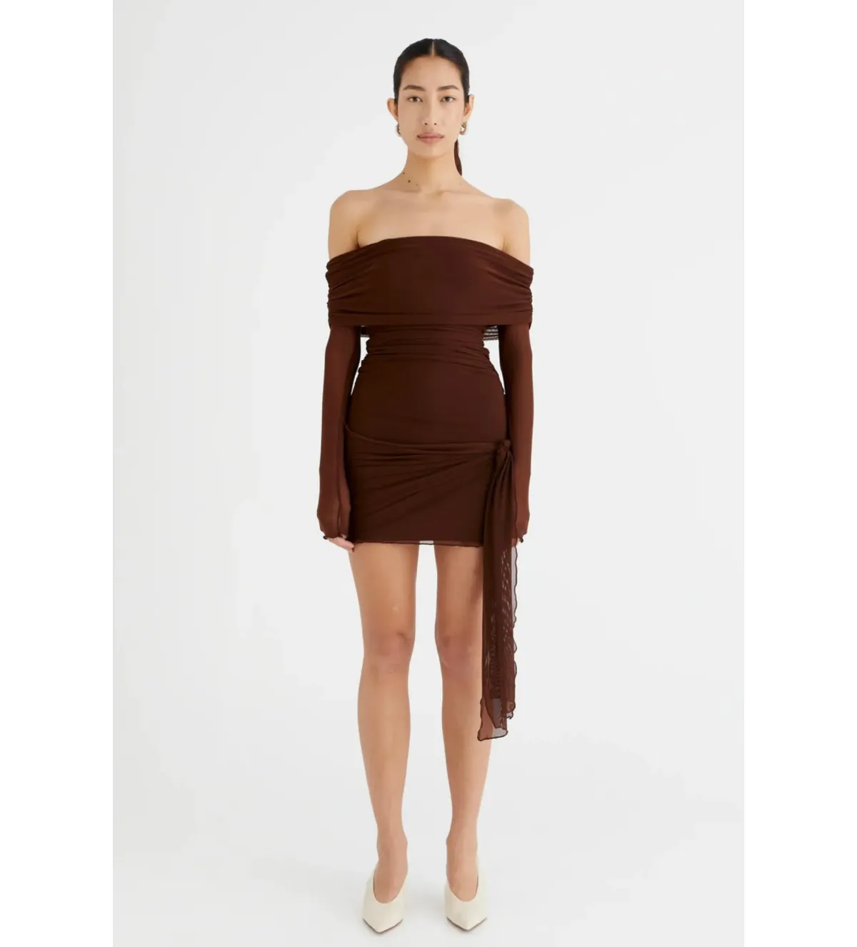 Benni Yasmin Off Shoulder Mini Dress in Cacao Size 8 - Image 1