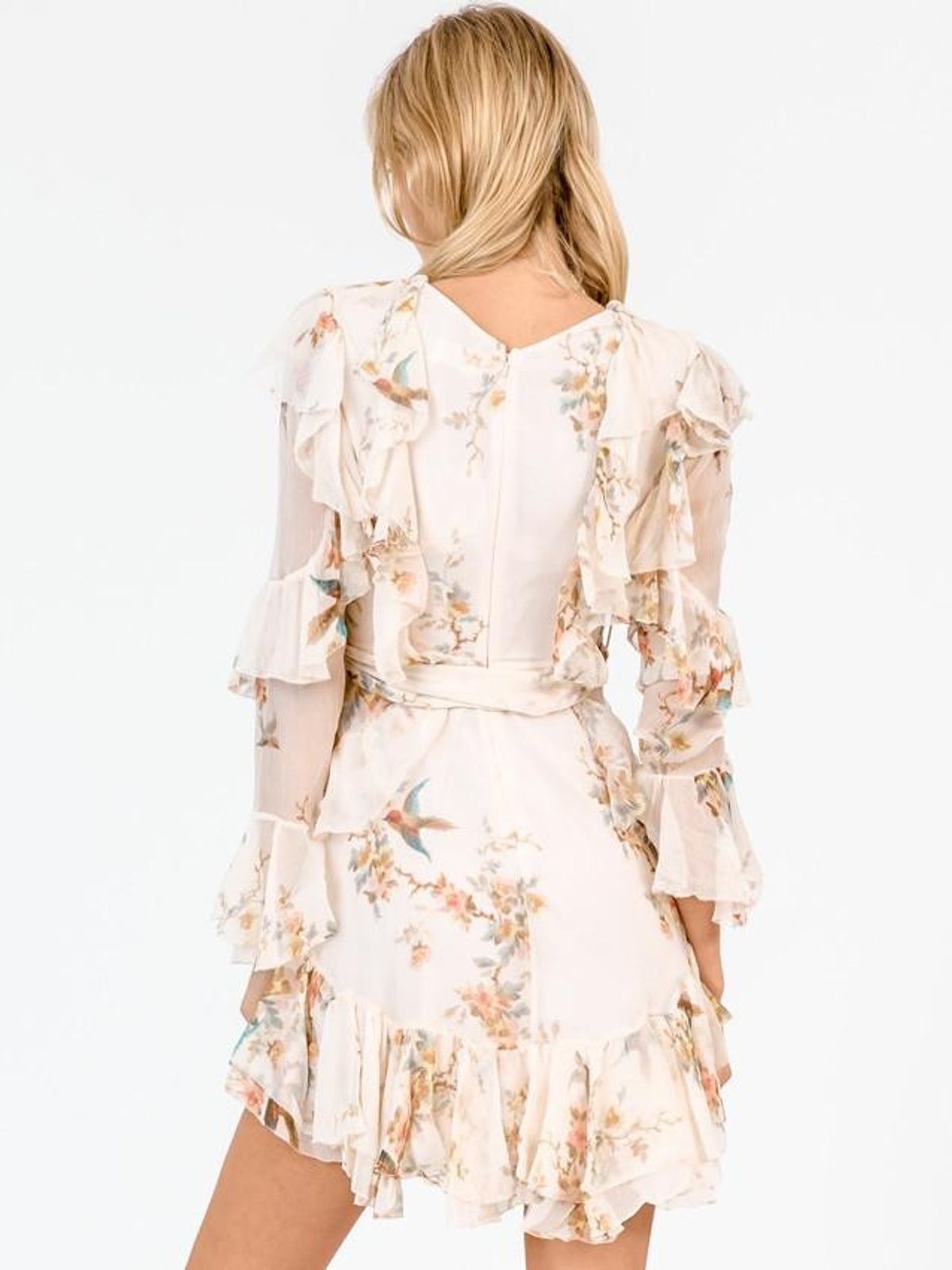 Zimmermann Folly Flutter Mini Dress Cream Bird Floral Size 8 - Image 3