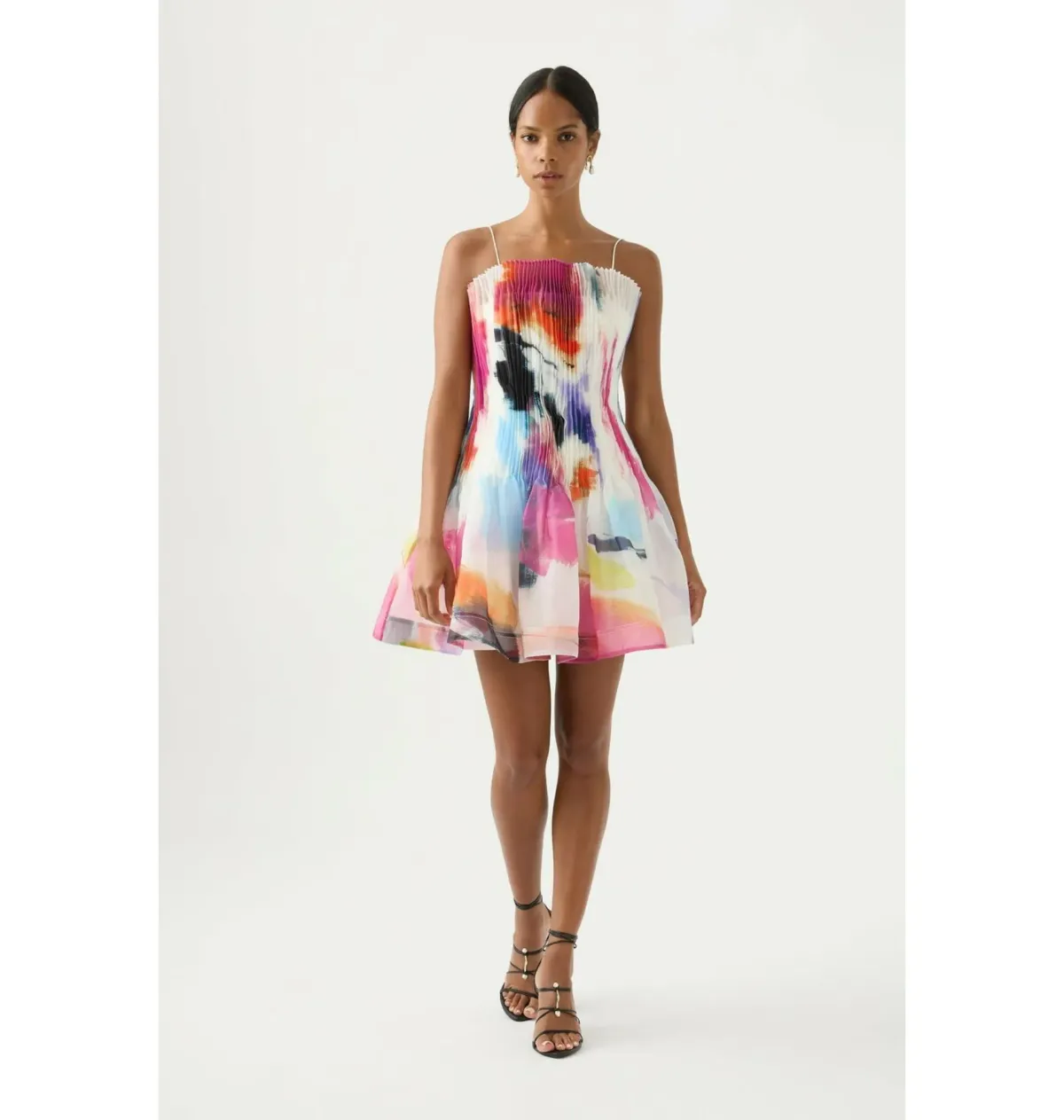 Aje Celestial Pleated Mini Dress Abstract Sunset Size AU 10 - Image 1