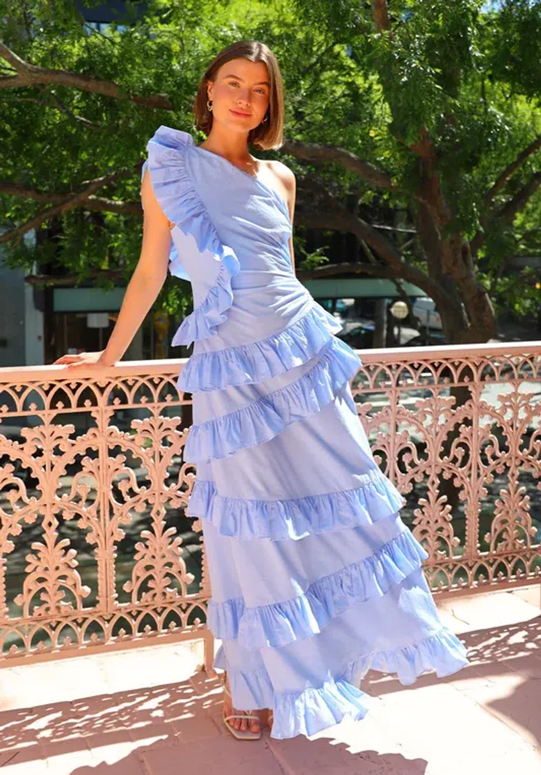 By Nicola Adrift Frill Maxi Dress in Cornflower Blue Size AU 12 for rent on The Volte - main image