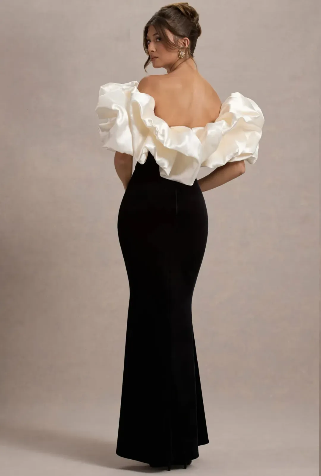 Club L London Cecily Velvet Bardot Maxi Dress With Satin Ruffle Trim Black Size 6 for rent on The Volte - main image