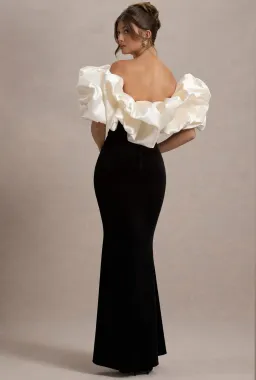 Club L London Cecily Velvet Bardot Maxi Dress With Satin Ruffle Trim Black Size 6 for rent on The Volte - image 3