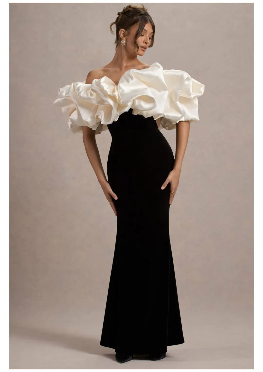 Club L London Cecily Velvet Bardot Maxi Dress With Satin Ruffle Trim Black Size 6 for rent on The Volte - main image