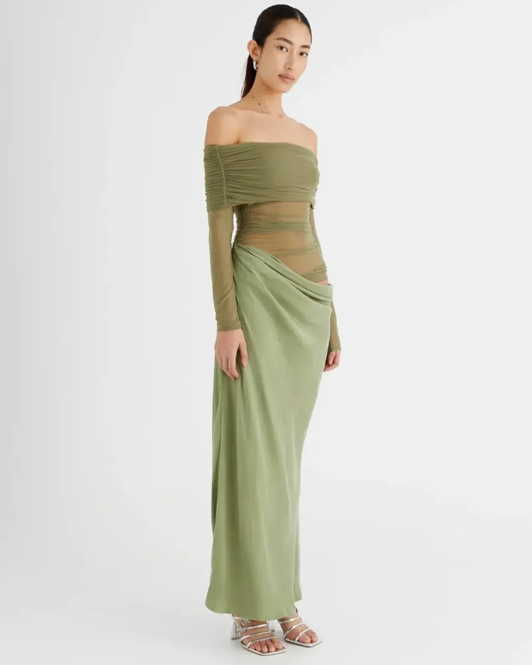 Benni Yasmin Off-Shoulder Maxi Dress Pistachio Size 8 for rent on The Volte - main image