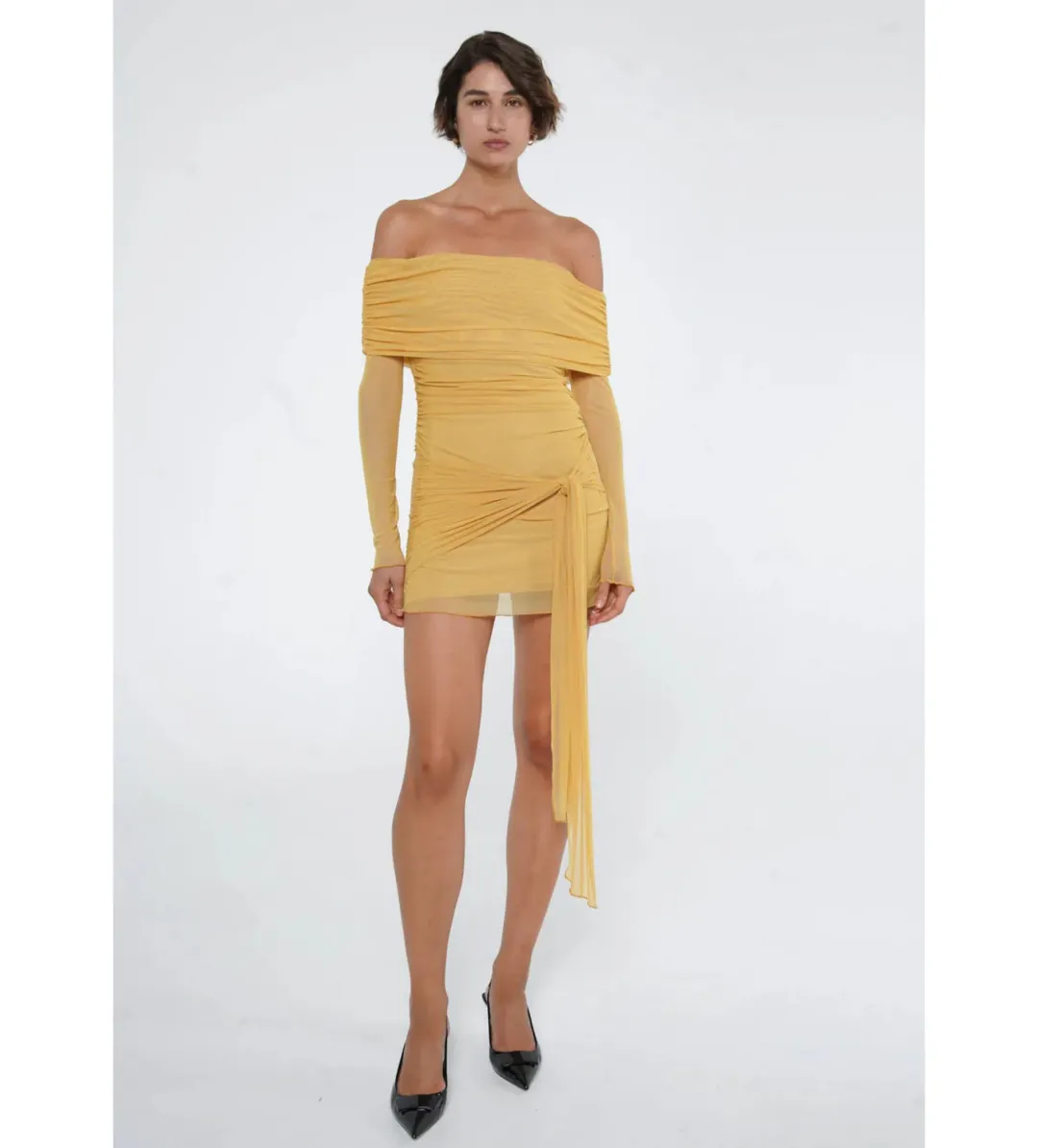 Benni Yasmin Off-Shoulder Mini Dress Mustard Size 6 for rent on The Volte - main image