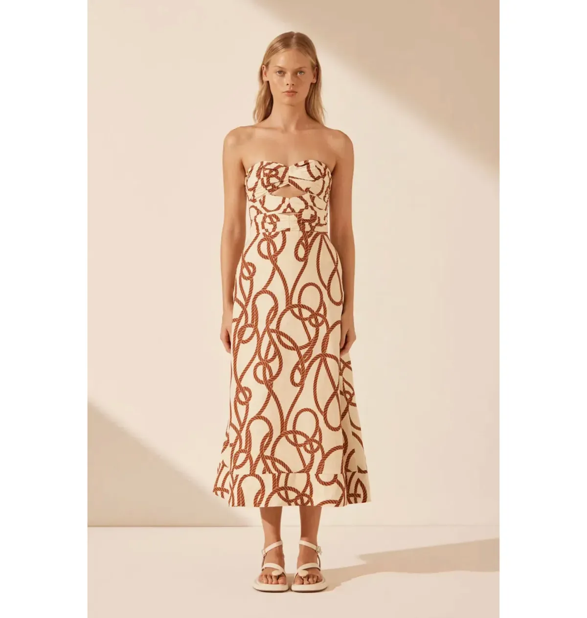 Shona Joy Mouillage Linen Strapless Cut Out A-Line Midi Dress Mouillage Print Size AU 12 - Image 1
