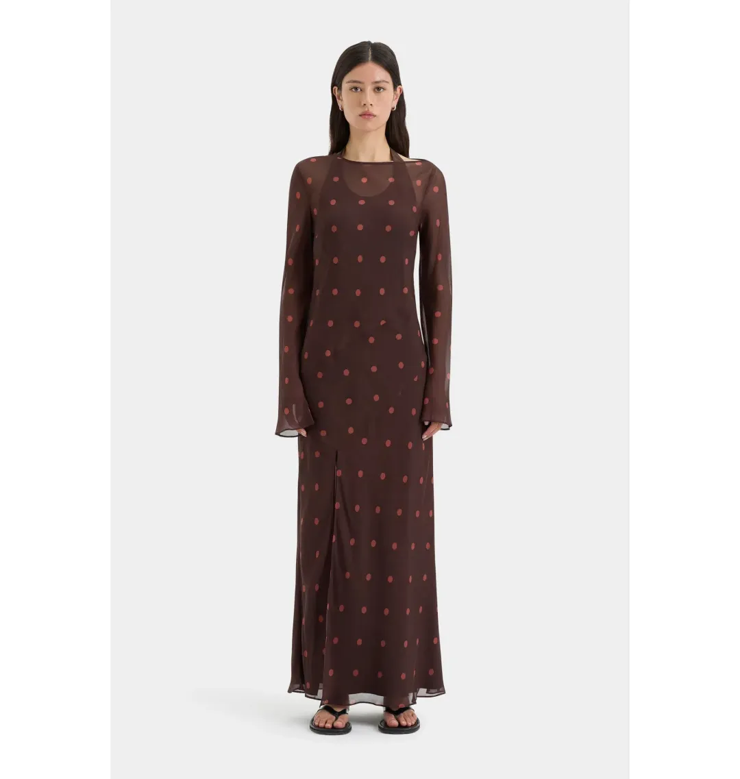 Sir The Label Toni Long Sleeve Dress in Chocolate Polka Dot Size 1 / AU 8 for rent on The Volte - main image