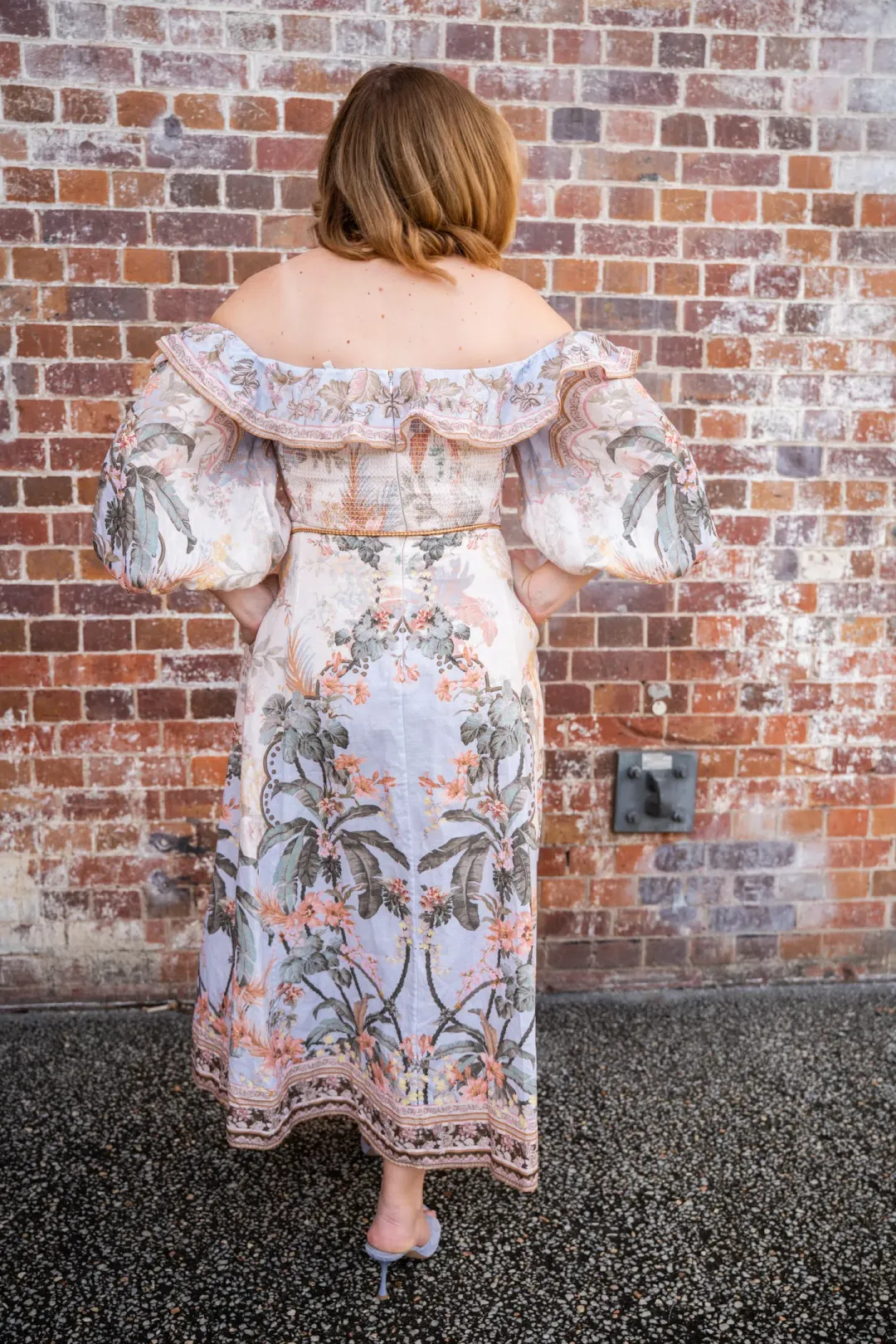 Zimmermann Wylie Off Shoulder Midi Dress Blue Floral Size 3 / AU 14 for rent on The Volte - main image
