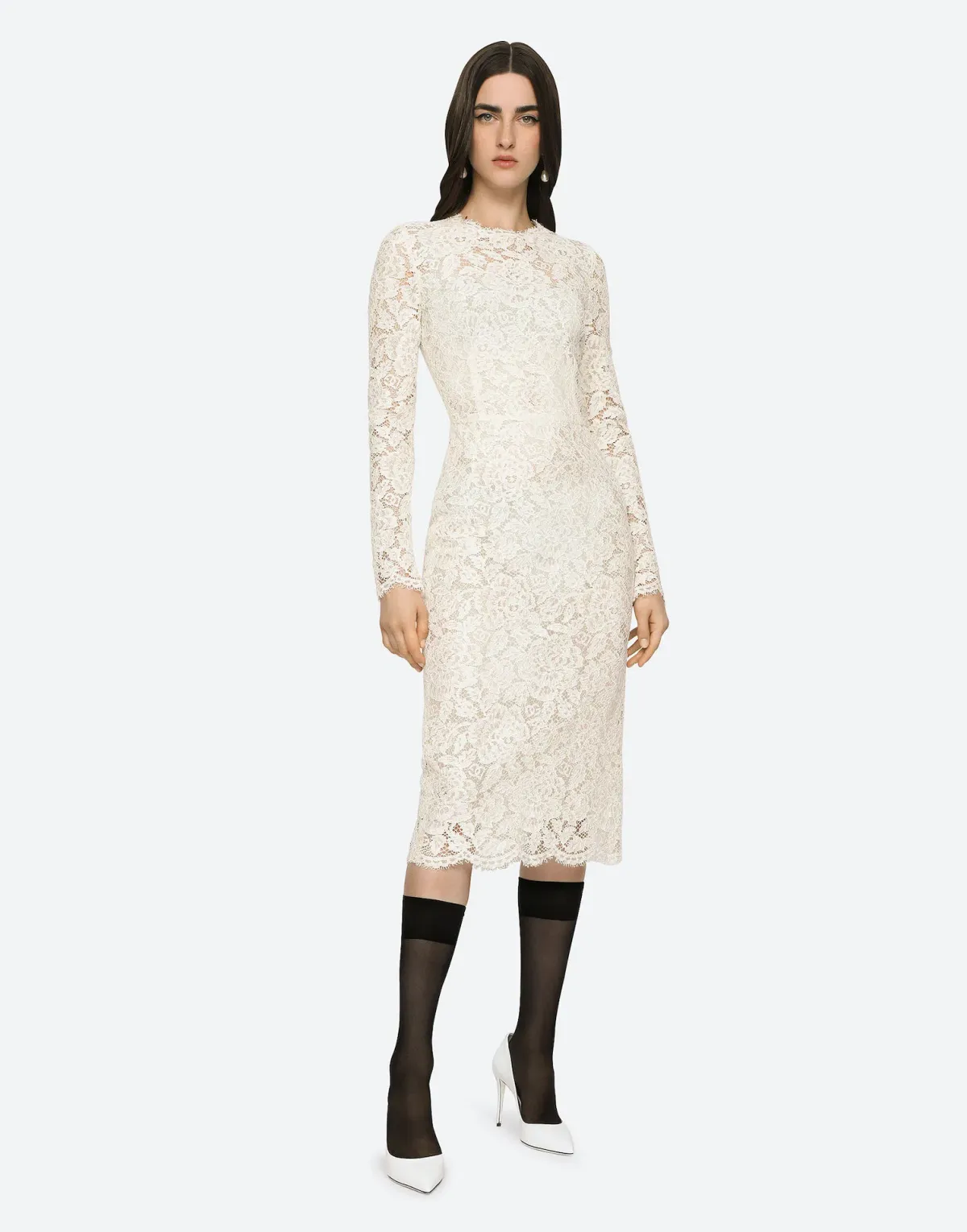 Dolce & Gabbana Branded Stretch Silk Lace Midi Dress Cream Size 36 (AU 6) for rent on The Volte - main image