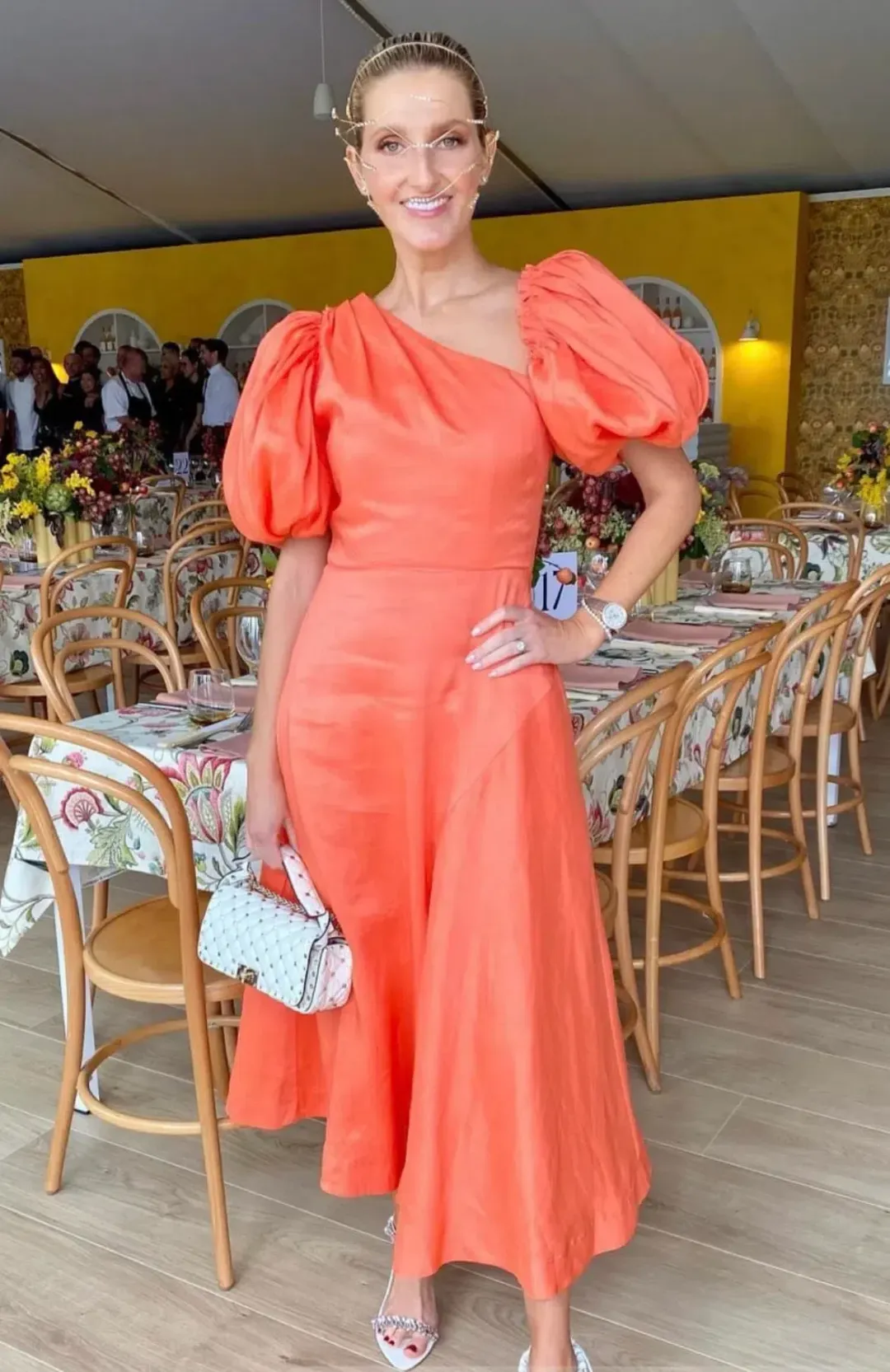 AJE Maia Off Shoulder Midi Dress in Coral Size 12 for rent on The Volte - main image