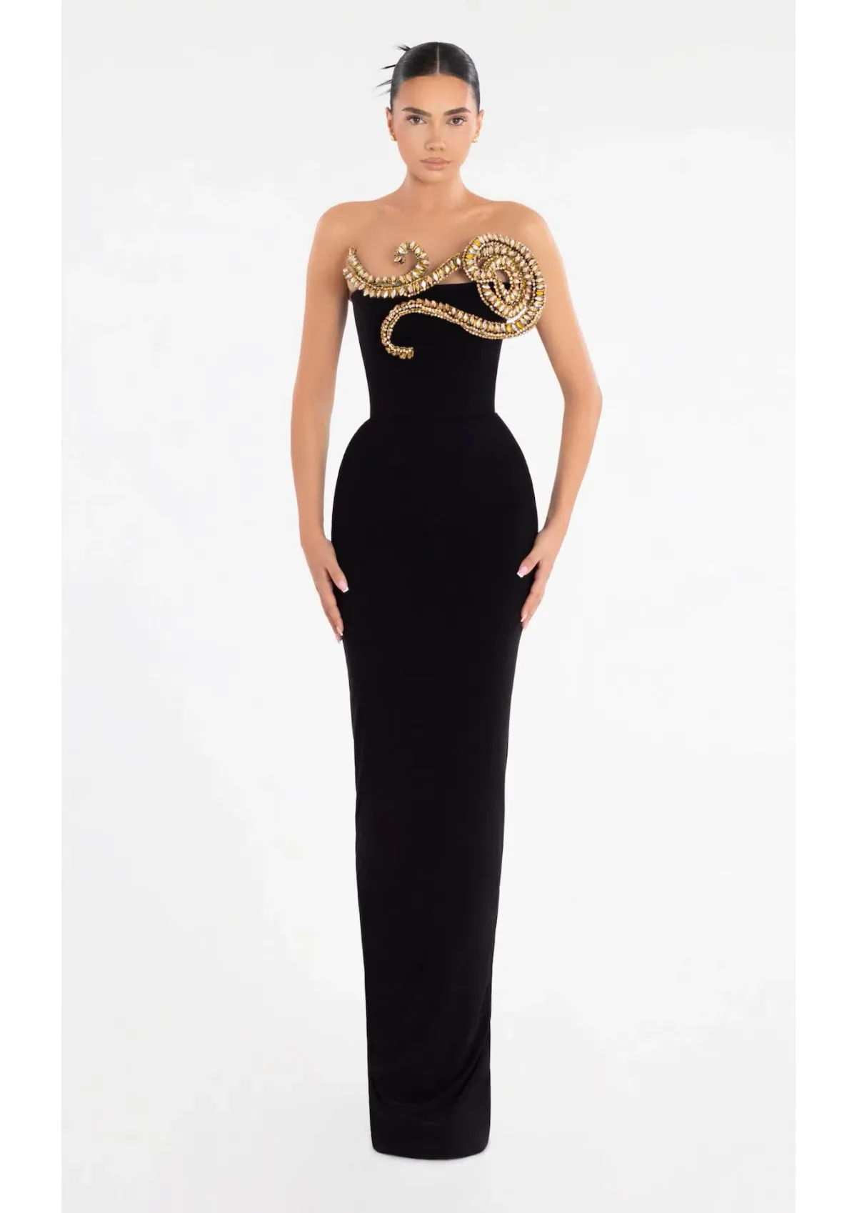 Albina Dyla Evening Dress Black with Gold Embellishment Size 8 - Image 1