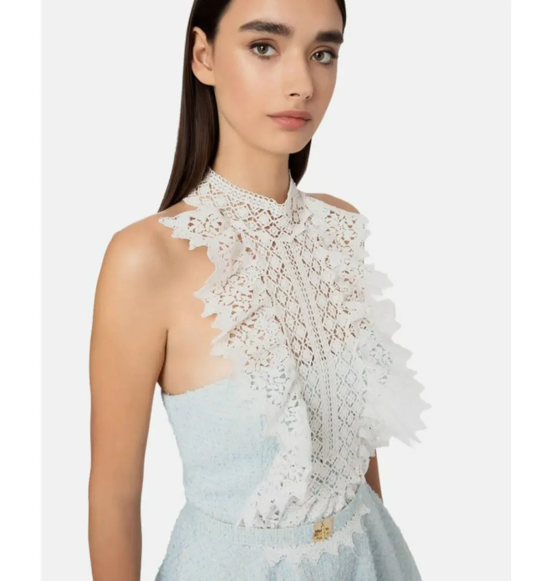 Elisabetta Franchi Lace Neck Short Dress Blue Size 0 / AU 6, Italian 38 for rent on The Volte - main image