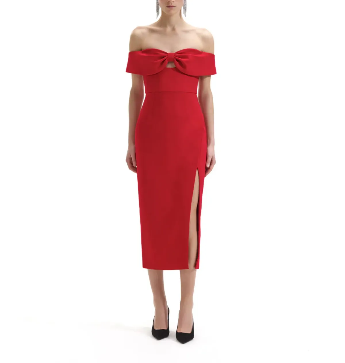 Self Portrait Crepe Bow Midi Dress Red Size AU 8 - Image 1