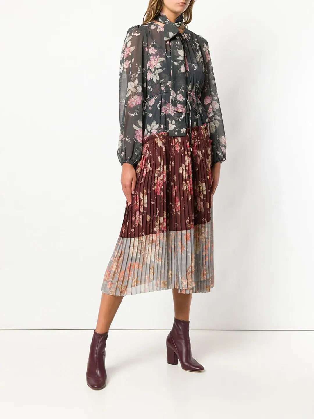 Zimmermann Unbridled Pleated Midi Dress Spliced Floral Print Size 1 / AU 10 for rent on The Volte - main image