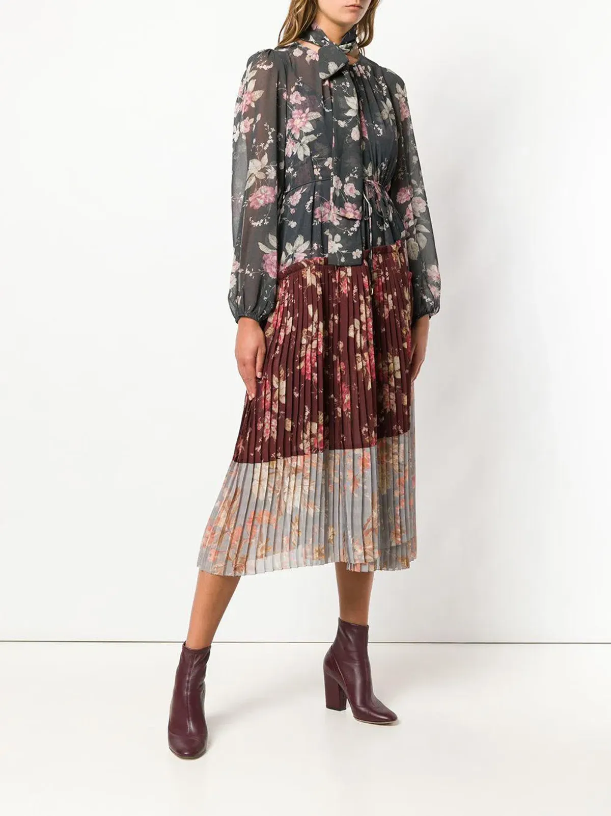 Zimmermann Unbridled Pleated Midi Dress Spliced Floral Print Size 1 / AU 10 for rent on The Volte - main image