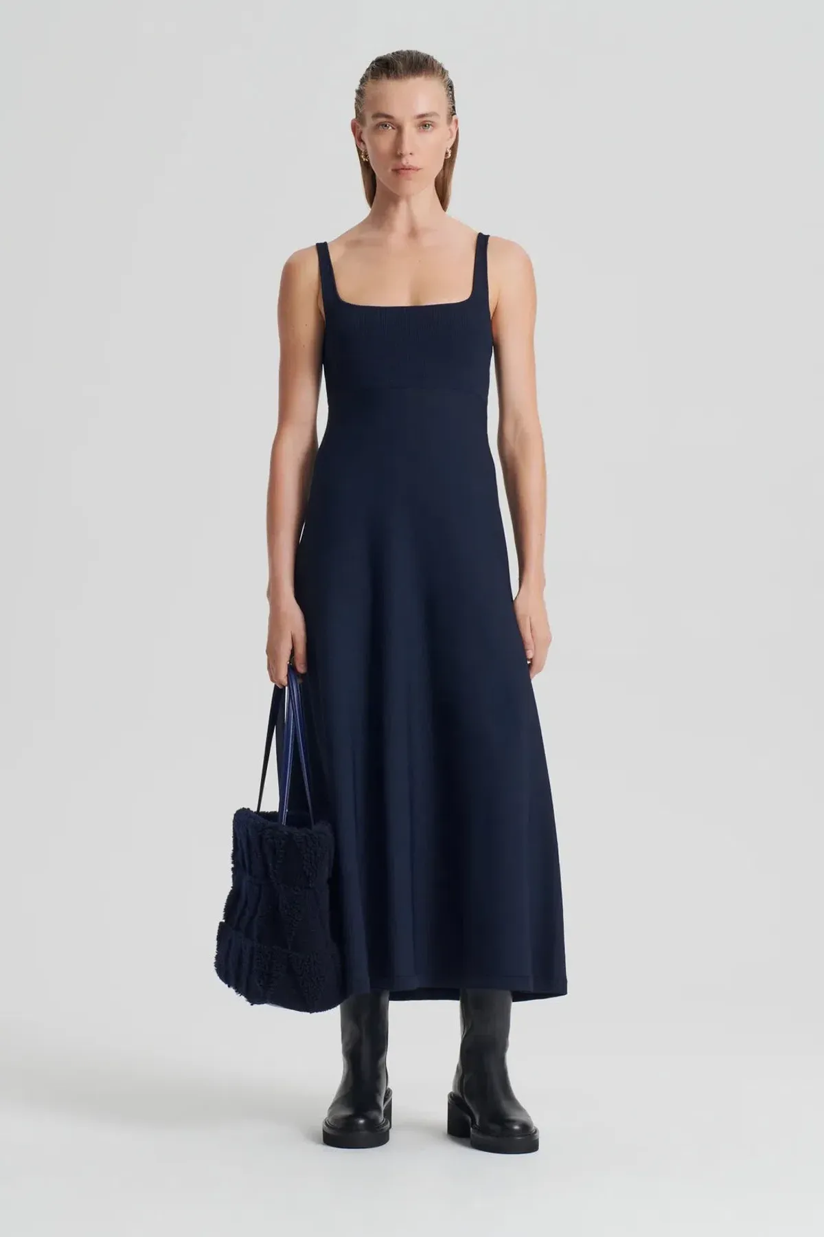Scanlan Theodore Crepe Knit Square Neck Dress Navy Size XS/Au 8 - Image 1