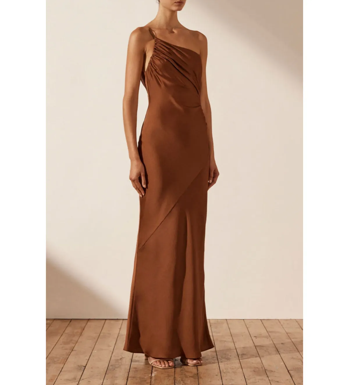 Shona Joy Luxe Asymmetrical Gathered Maxi Dress Mocha Size 6 - Image 2