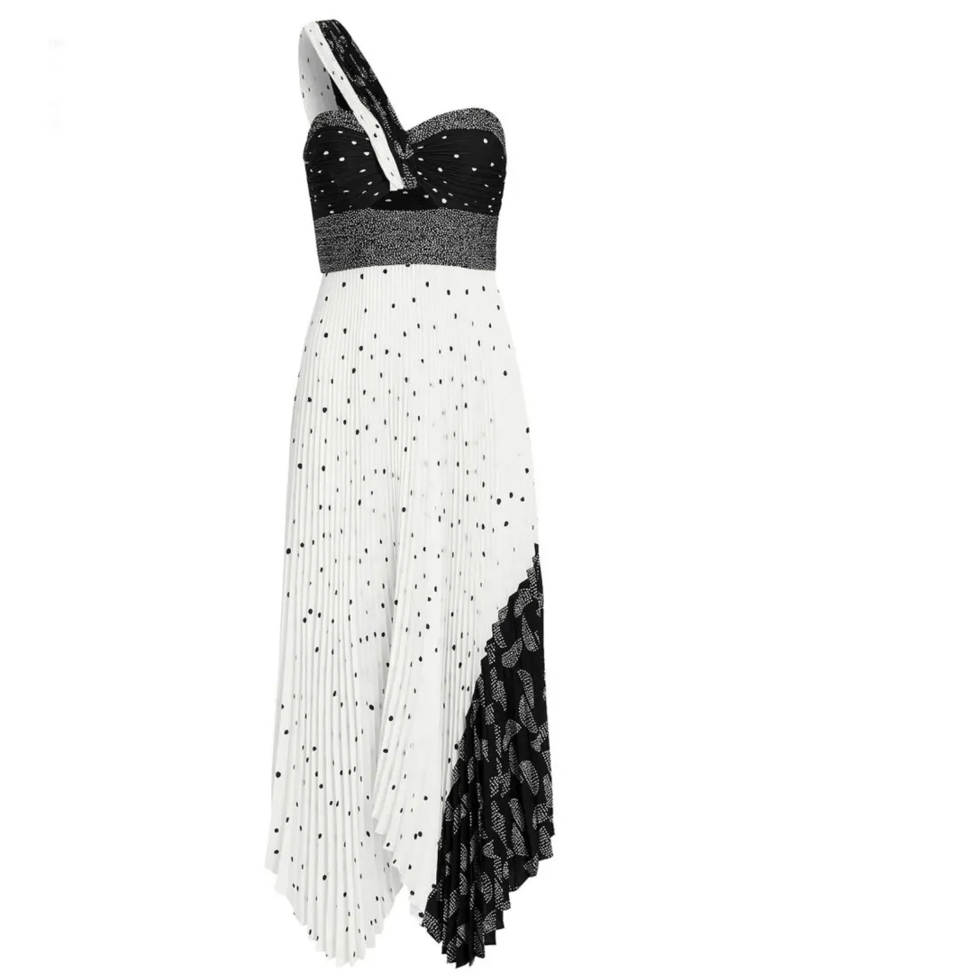 A.L.C. Aurora Pleated One Shoulder Midi Dress White Black Size AU 8 for rent on The Volte - main image