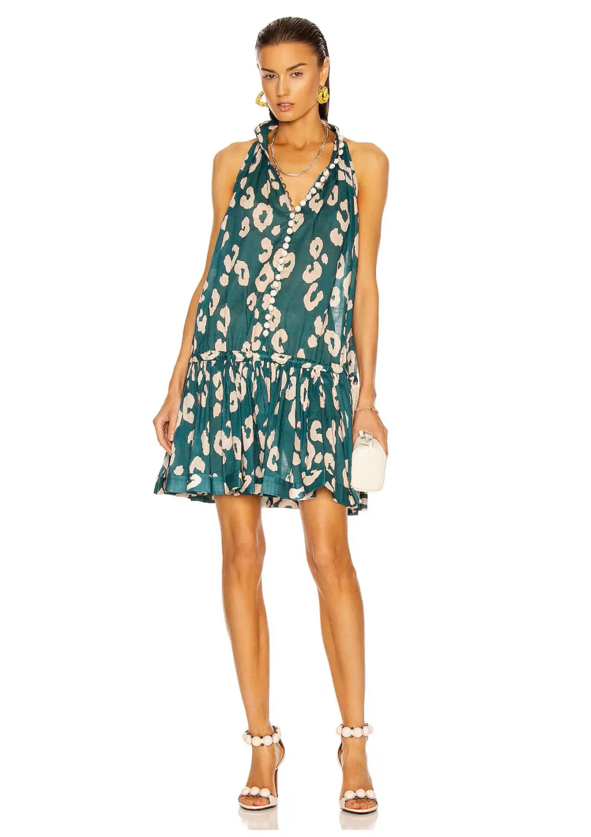 Zimmermann Shelly Swing Gathered Cotton Mini Dress Teal Leopard Print Size 0P / AU 6 / US 2 - Image 1