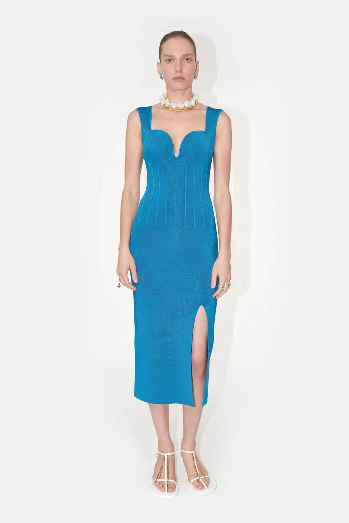 Galvan London Electra Stretch Knit Midi Dress Electric Blue Size XL / AU 16 for rent on The Volte - main image