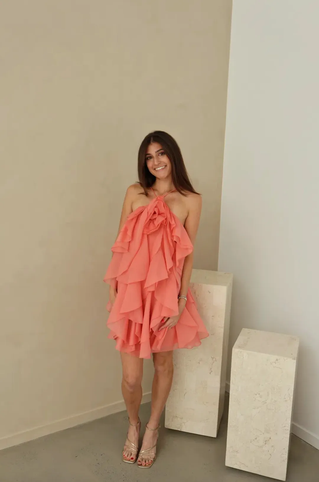 Aje Pandorea Layered Mini Dress Washed Coral Size 6 for rent on The Volte - main image