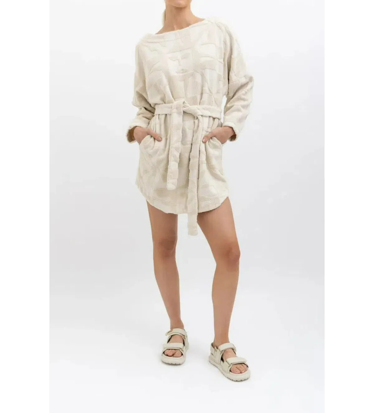 Lucy Folk Towelling Long Sleeve Mini Dress Skyline Ecru Size S / AU 8 for rent on The Volte - main image