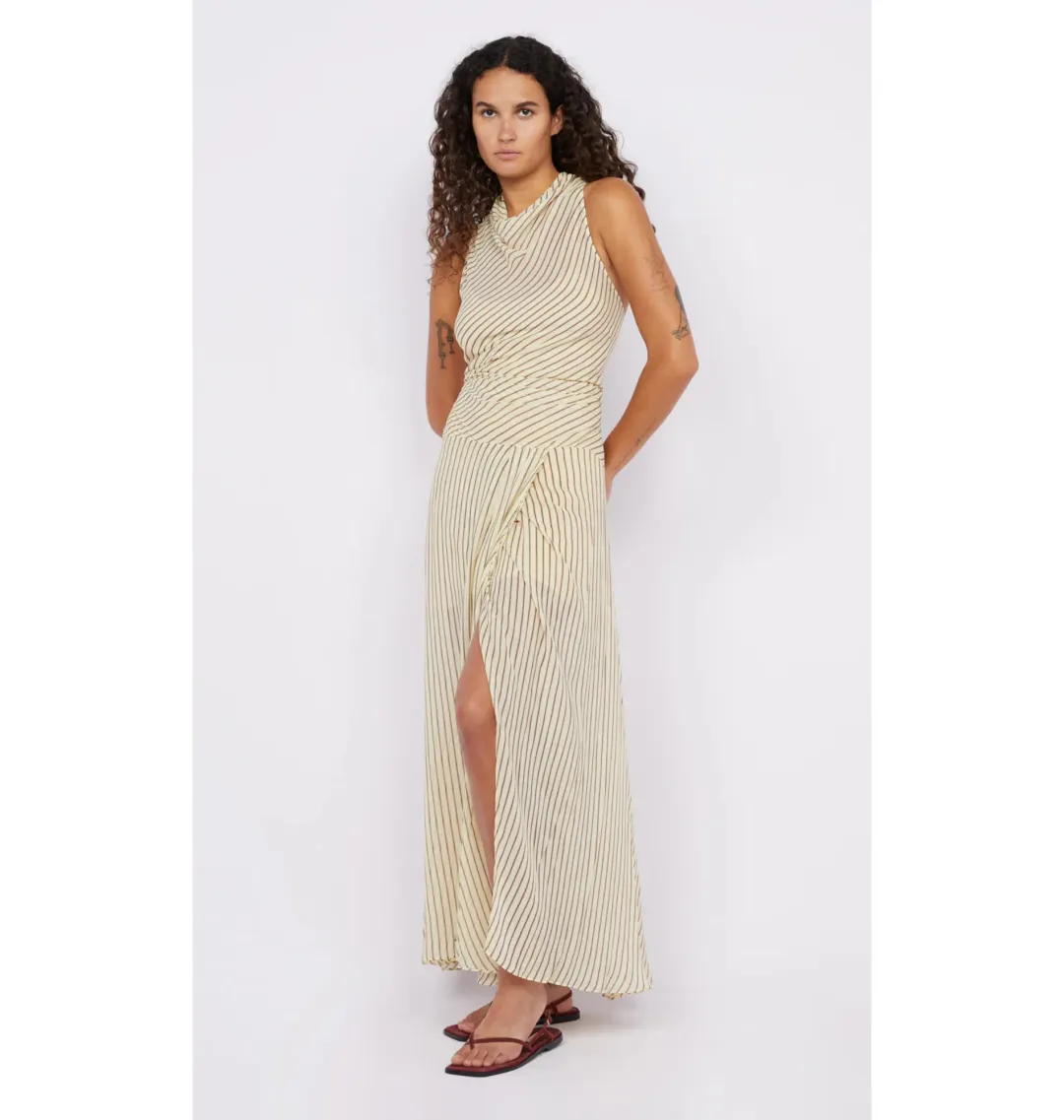 Bec & Bridge Anise High Neck Dress in Butter/Plum Stripe Size AU 8 for rent on The Volte - main image