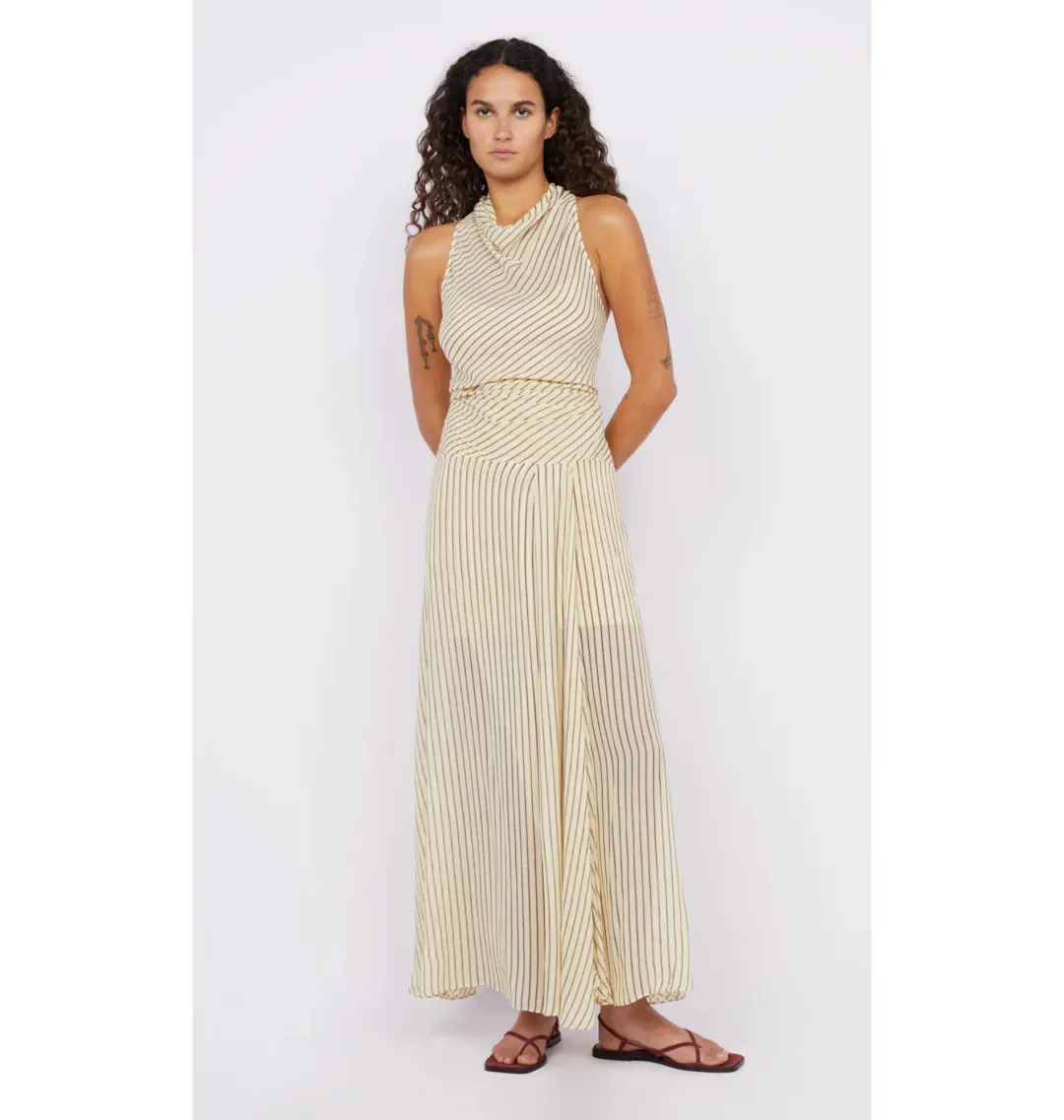 Bec & Bridge Anise High Neck Dress in Butter/Plum Stripe Size AU 8 for rent on The Volte - main image