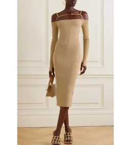 Jacquemus Sierra Embellished Ribbed Knit Midi Dress Sand Size 40 / AU 12 for rent on The Volte - image 1
