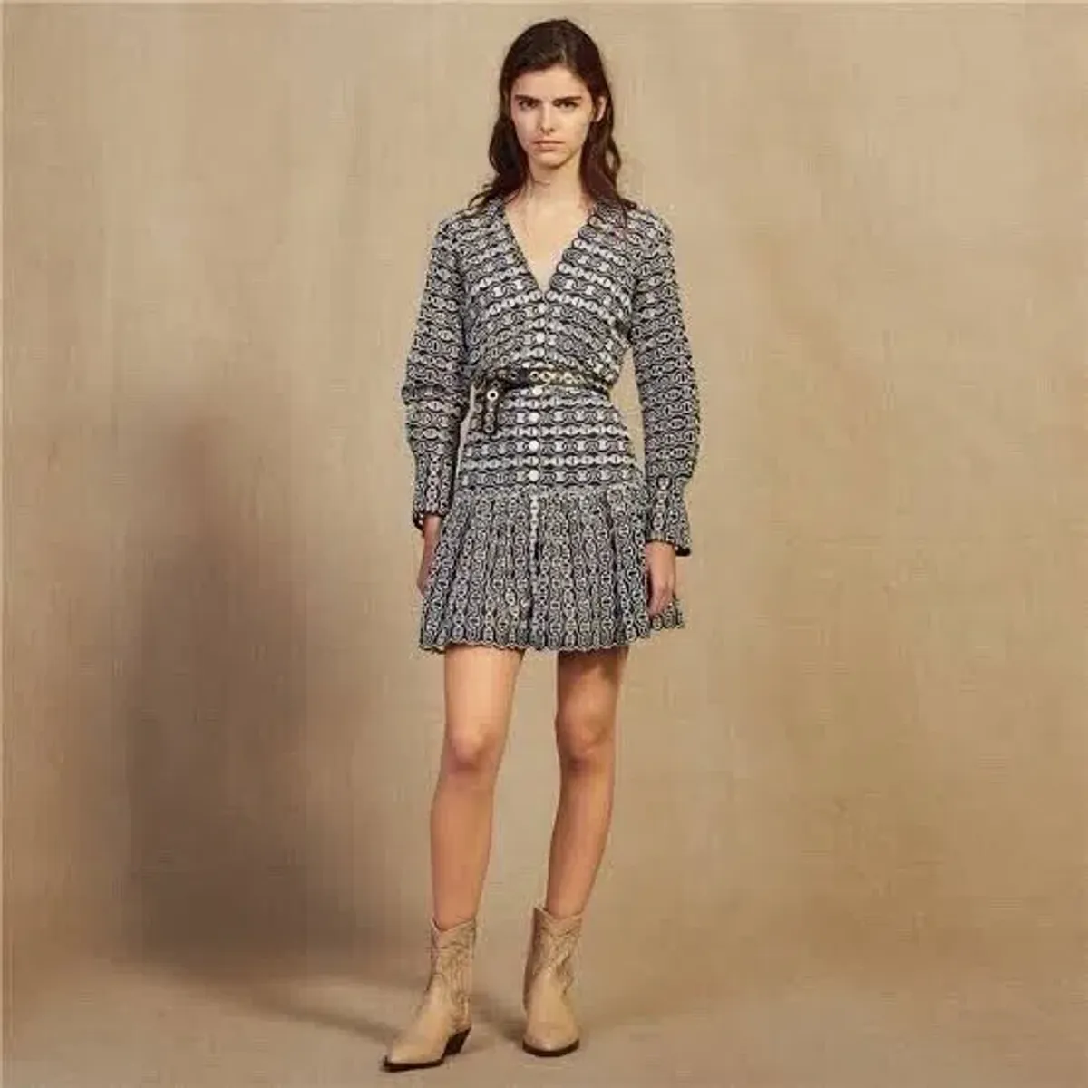 Sandro Dress Rolly Embroidered Broderie Anglaise Mini Dress Navy Beige Size 36 / AU 8 - Image 3