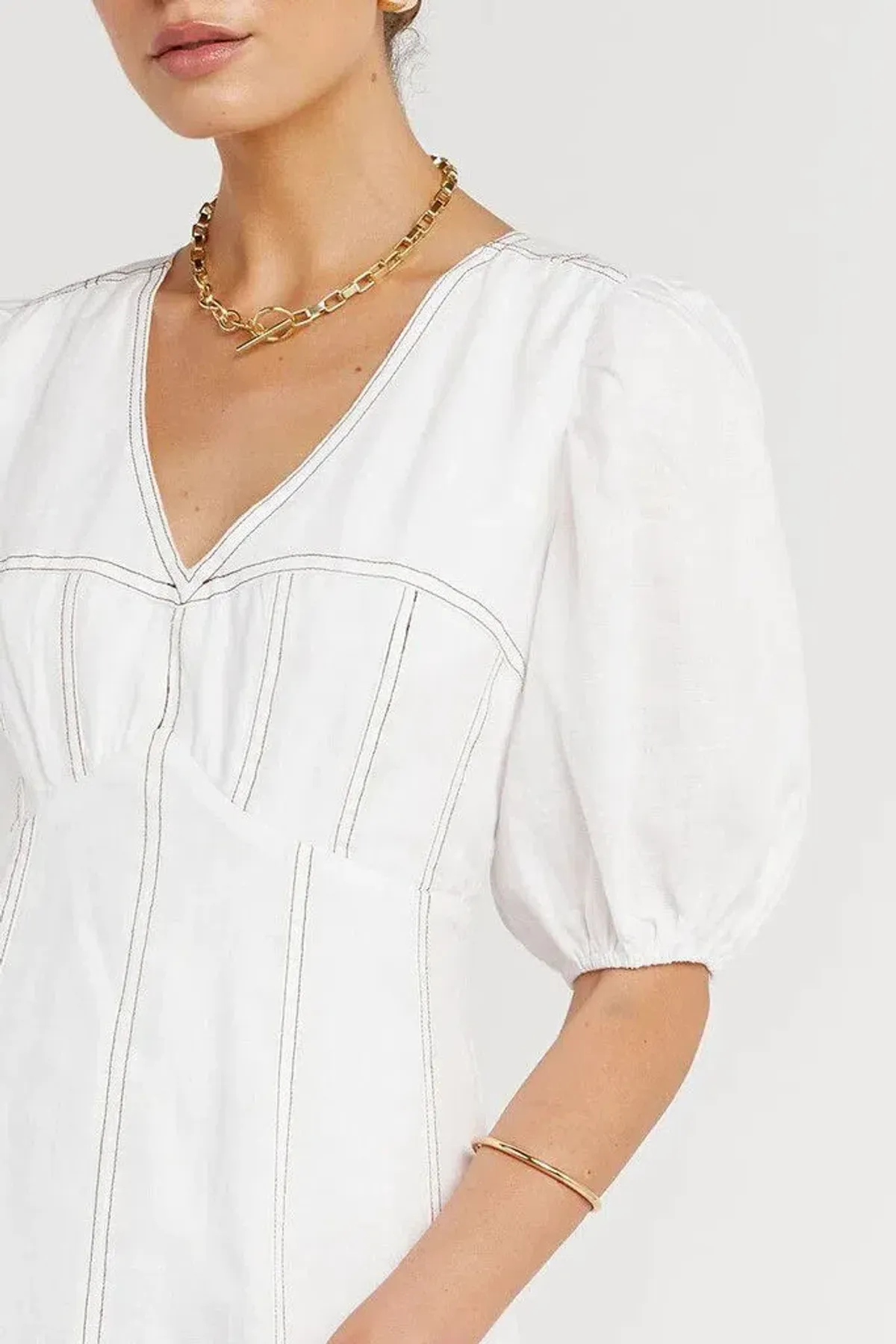 Dissh Chai Linen Panelled Puff Sleeve Midi Dress Off White ivory Size M / AU 10 - Image 2