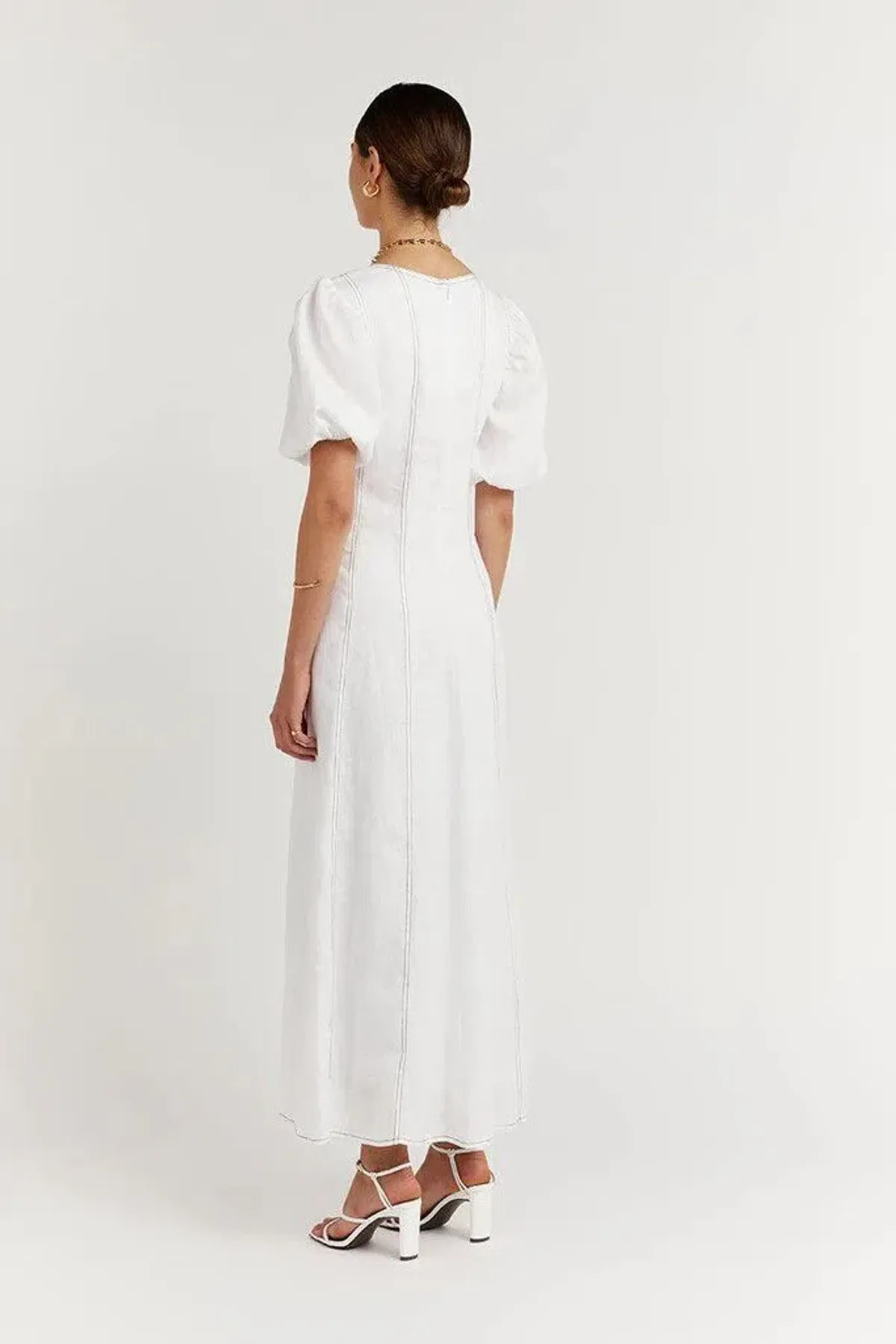 Dissh Chai Linen Panelled Puff Sleeve Midi Dress Off White ivory Size M / AU 10 - Image 3