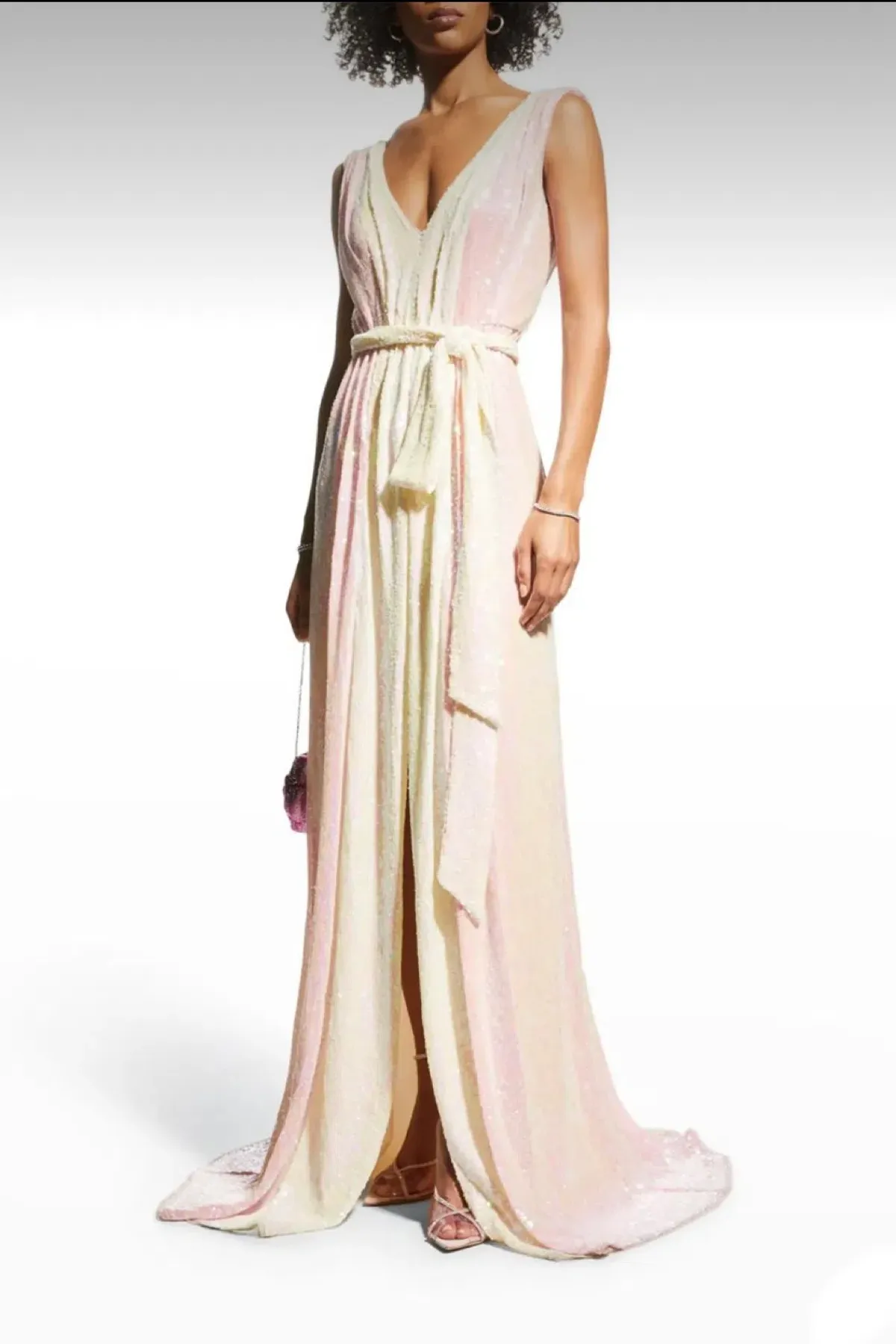 Badgley Mischka Two Tone V-Neck Sequin Long Gown Pink and Lemon Size AU 8 - Image 6