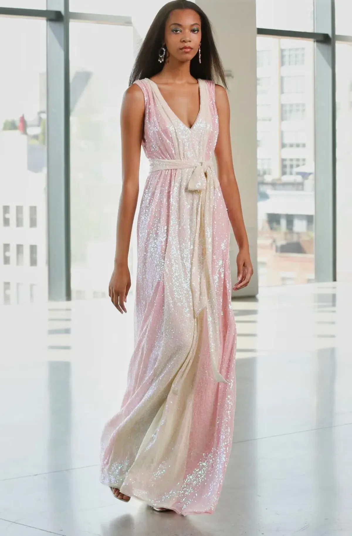 Badgley Mischka Two Tone V-Neck Sequin Long Gown Pink and Lemon Size AU 8 for rent on The Volte - main image