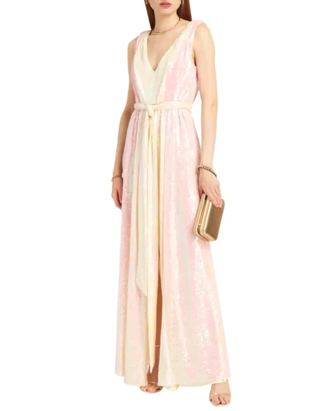 Badgley Mischka Two Tone V-Neck Sequin Long Gown Pink and Lemon Size AU 8 for rent on The Volte - main image