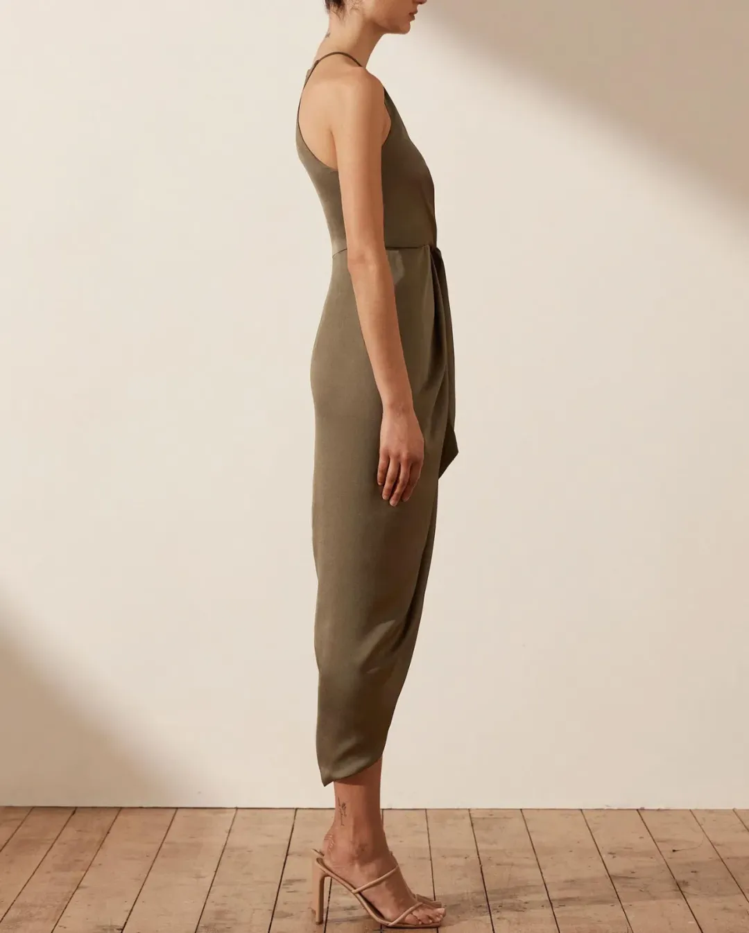 Shona Joy Luxe Tie Front Sleeveless Midi Dress Pine Valley Size 6 for rent on The Volte - main image