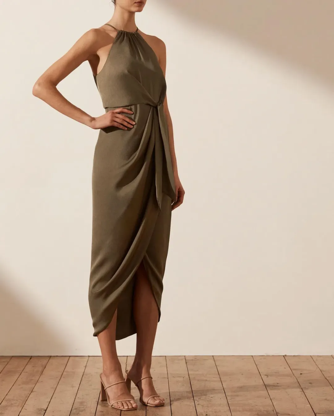 Shona Joy Luxe Tie Front Sleeveless Midi Dress Pine Valley Size 6 for rent on The Volte - main image