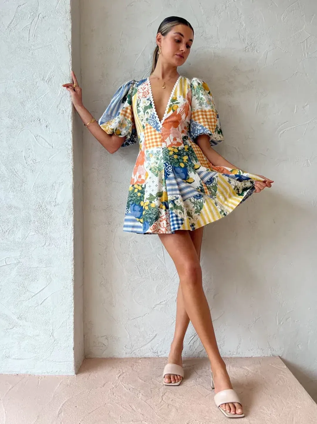 By Nicola Wavy Mini Dress Lemon Patchwork Size 8 for rent on The Volte - main image