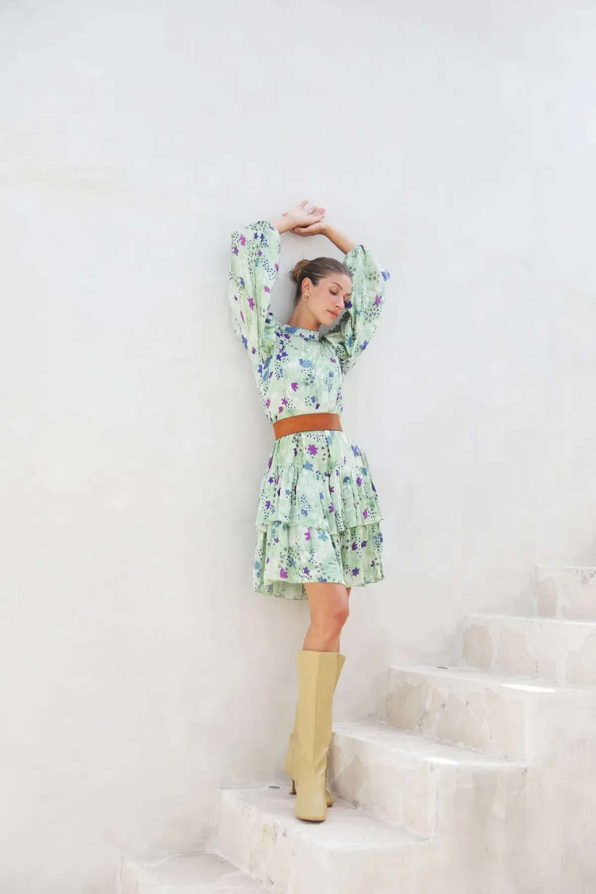 Frank & Dollys Viamo Cascade Floral Satin Dress in Sage Size XXS / 6 for rent on The Volte - main image
