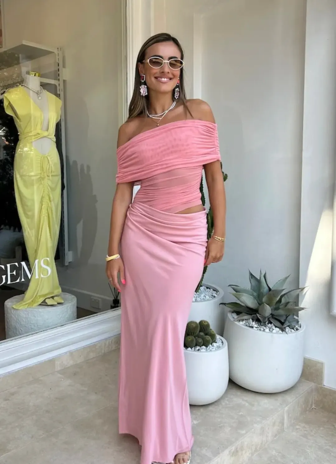 Benni Nico Off Shoulder Maxi Dress Candy Floss Size 6 for rent on The Volte - main image