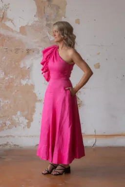 Aje Bonjour Asymmetric A-line Midi Dress Fuchsia Pink Size 8 for rent on The Volte - image 2